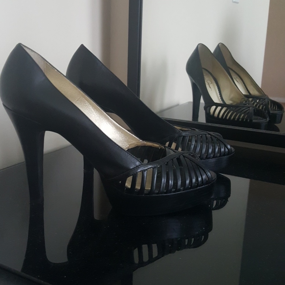 Black Leather Peep Toe Platform Heels